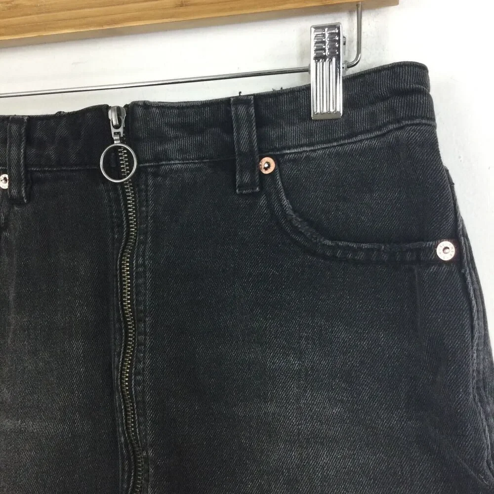 Free People Zip It Up Full Front Zipper Distressed Mini Denim Skirt Black Sz 26